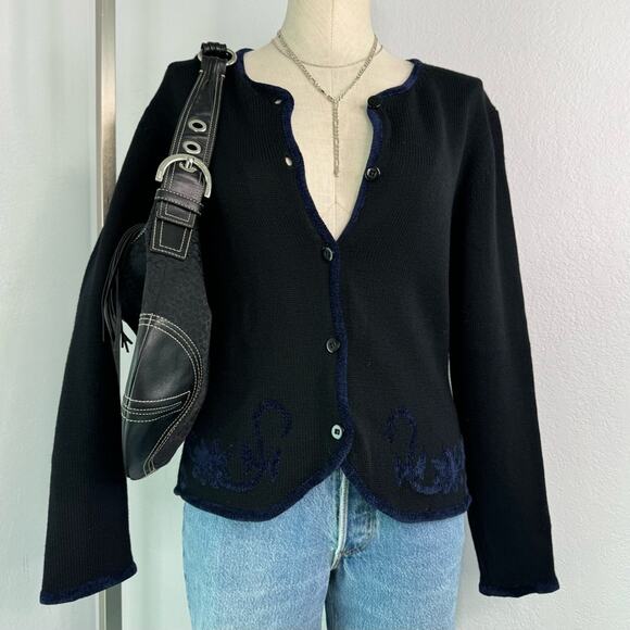 Vintage Wool Black Blue Embroidered Cardigan Sweater Size Small - Picture 7 of 7